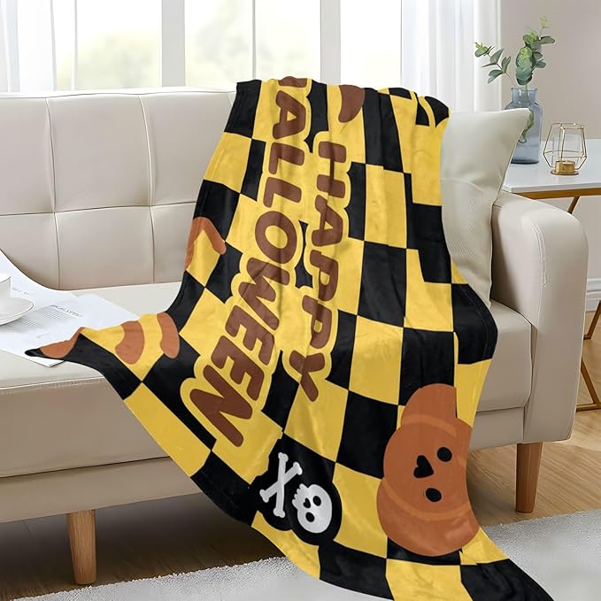 Happy Halloween Yellow Black Checkered Soft Cozy Couch Throws Large Cozy Blanket for Party Sofa Bed Living Room 50x70