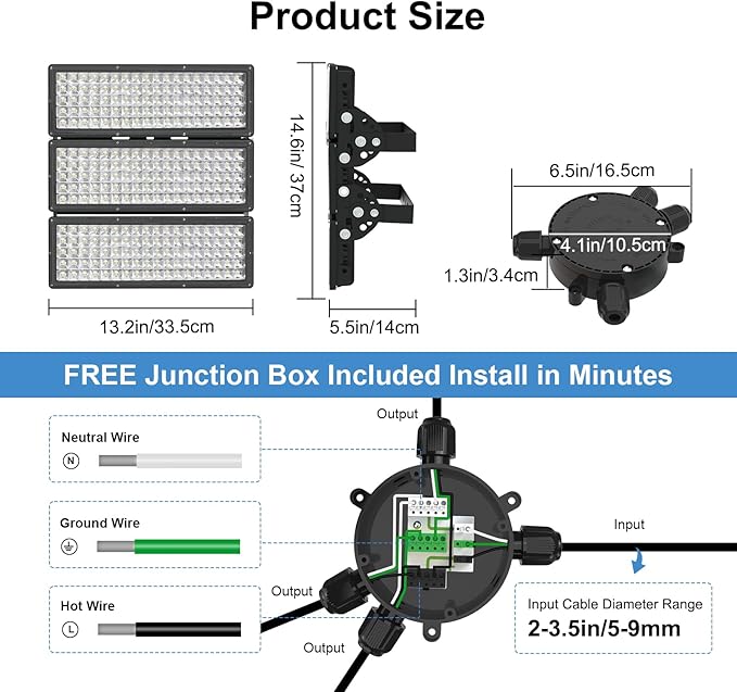 Kekeou LED Flood Light 300W 42000LM Stadium Lights Outdoor LED Super Bright 6500K Daylight White Field Lights IP67 Waterproof Arena Light with Junction Box for Garden Court Parking lot - Black