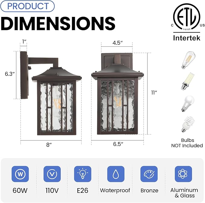 Outdoor Wall Light Matte Brown Porch Light Fixtures Waterproof Outside Wall Lantern Anti-Rust Exterior Wall Mount Sconce with Water Glass for House Garage Patio