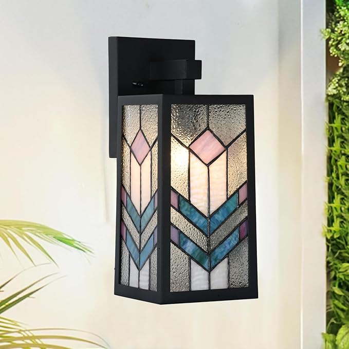 WL0012 Tiffany Style Outdoor Light Fixutres Stained Glass Wall Sconce Exterior Waterproof Wall Lantern Light for Balcony Aisle Hallway W 7X D 6.5 x H 13.5 Inches Bulb Included (Prismara)