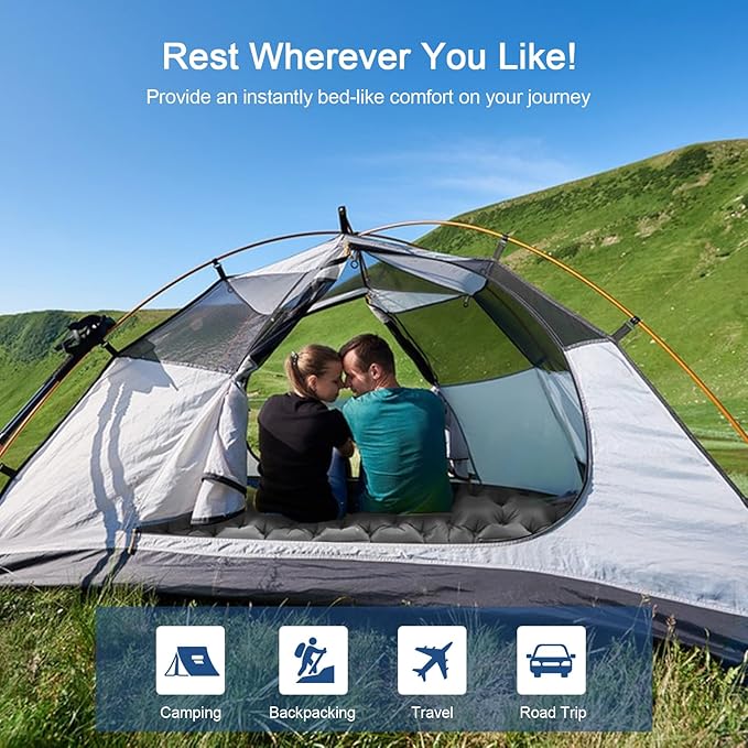 HiiPeak Double Sleeping Pad - Self Inflating 3 Extra-Thick for 2 Person with Pillow Built-in Foot Pump Inflatable Sleeping Mat for Backpacking Hiking Traveling Tent Portable Camping Mat (Gray)