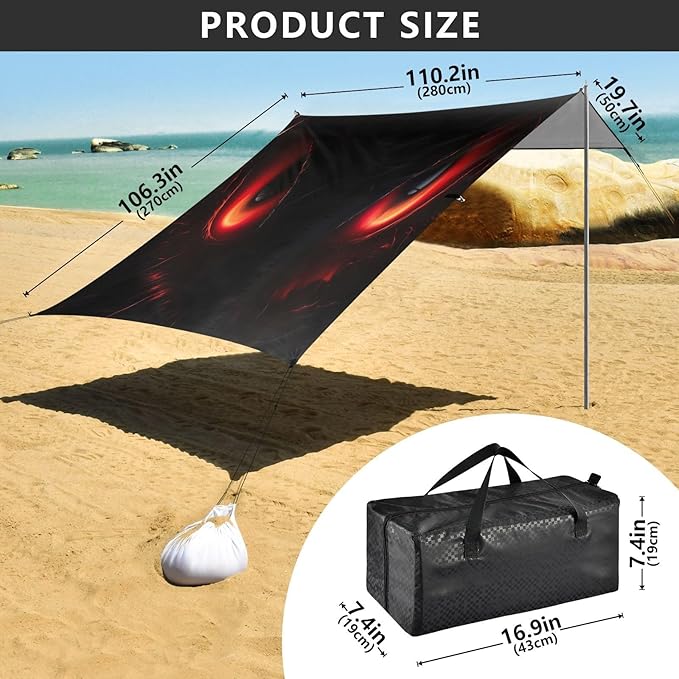 Dark Monster Eyes Beach Tent Sun Shelter 9.2' x 10.5' Beach Canopy with 4 Sandbags 4 Stability Poles Sand Shovels - Tent Canopy for Beach Camping Fishing Picnics