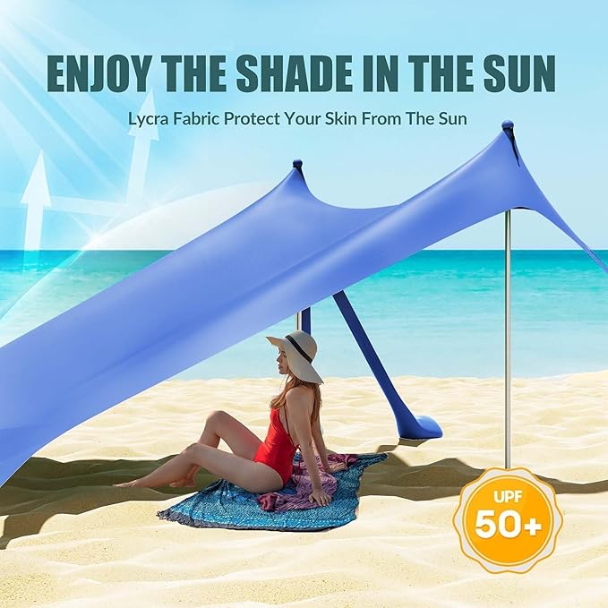 Gardentime Beach Tent Canopy with 8 Sandbags 4 Aluminum Poles Pop Up Portable Camping Sun Shelter Easy Set Up with 2 Sand Shovel Ground Pegs Carrying Bag for Outdoor BeachPicnic Fishing