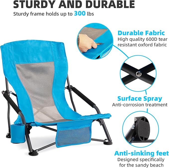 Portable Folding Beach Chair for Adults Set of 2- Lightweight Low Back Sling Chair with Cup Holder &amp Storage Pocket 300lbs Capacity Camping Chair for Outdoor Lawn Concert Travel (Blue)