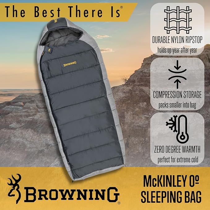 Browning McKinley 0° Sleeping Bag - Oversize Insulated Hooded Rectangle Made with Ripstop Outer and Brushed Polyester Liner with Compression Stuff Sack