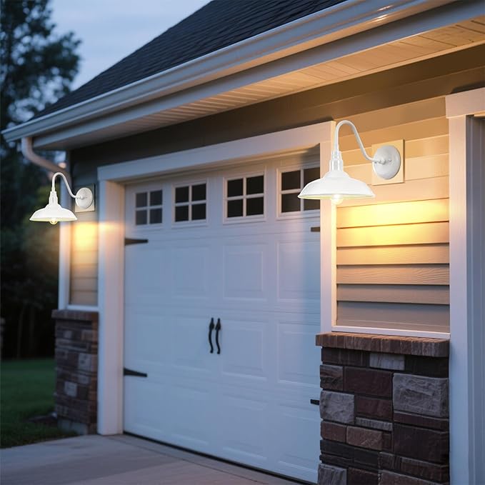 Outdoor Gooseneck Barn Light Fixture with Wall Mount 10'' Diameter White Exterior Waterproof Wall Lantern for Porch Farmhouse Wall Sconce 2 Pack LM2201-WH-2P