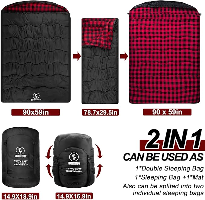 0 Degree Flannel Double Sleeping Bag for Adults Couples or Family - Winter Queen Size Waterproof &amp Warm 2-Person Sleeping Bag for Cold Weather Camping RV Travel