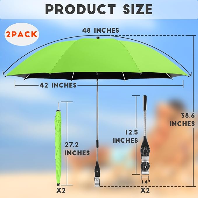 2PCS UPF50+ Chair Umbrella with 360°Universal Adjustable Clamp Beach Chair with Umbrella Beach Umbrella with UV Protection for Outdoor Camping Patio Chairs Wheelchair Trolley (Green Not