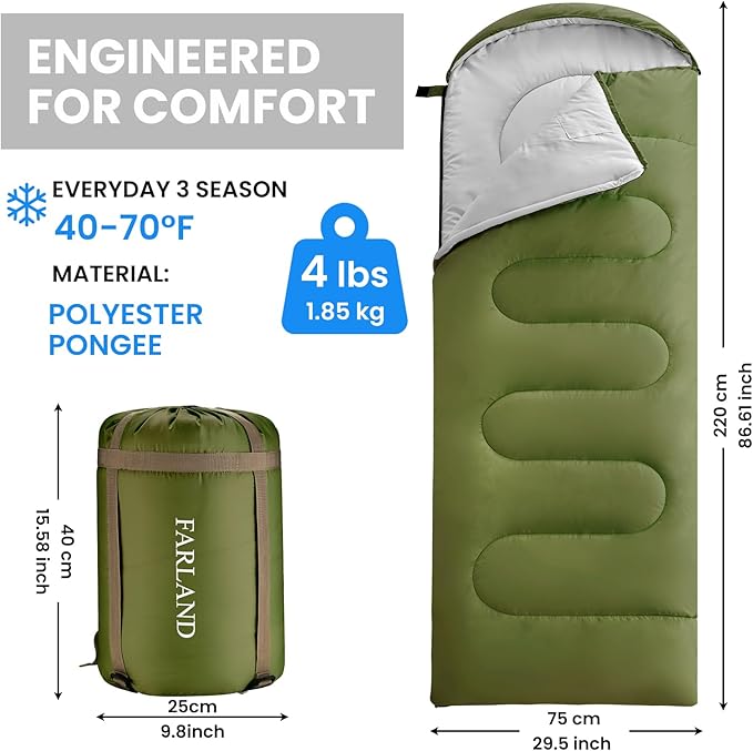 FARLAND Sleeping Bags 30℉ for Adults Teens Kids with Compression Sack Portable and Lightweight for 3-4 Season Camping HikingWaterproof Backpacking and Outdoors