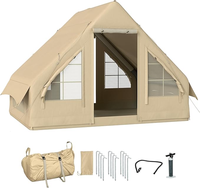 Outsunny Inflatable Tents for Camping Easy Setup Blow Up Tent 420D Oxford Windproof Waterproof 4 Season Glamping Tent with Pump and Carry Bag for 4-6 Person