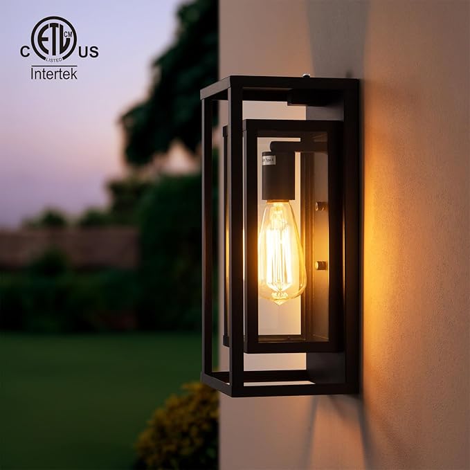 mirrea 14 Dusk to Dawn Outdoor Wall Sconce 1 Light in Matte Black Rectangular Metal Frame and Clear Glass Shade Waterproof Porch Light Patio Light