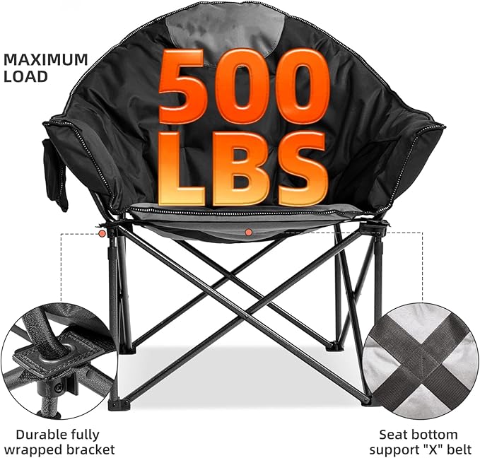Oversized Camping Chair 2 PCS Padded Moon Saucer Chair with Cup Holder &amp Carry Bag Heavy Duty 500lbs Capacity Folding Outdoor Lounge Chair for Lawn Patio Sports - Black &amp Gray