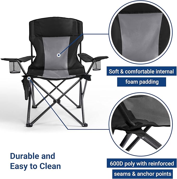 AsterOutdoor Camping Folding Chair Padded Quad Arm Chair with Large Cup Holders Side Organizer &amp Back Pocket for Outdoor Camp Indoor Patio Fishing Supports 350lbs