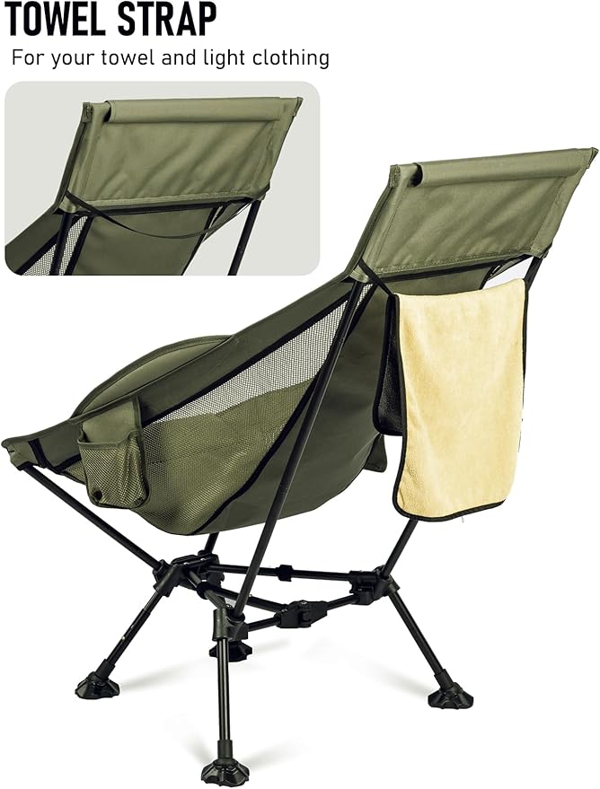WildCall Lightweight Folding High Back Camping Chair with Head Support Compact Beach Chair with Anti-Sinking Large Feet and Three Tilt Angles Adjustment