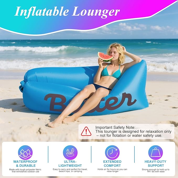 Inflatable Lounger Air Sofa Portable Hammock Couch Air Sofa Water Proof&amp Anti-Air Leaking Design for Beach Camping Picnics Travel &amp Festivals