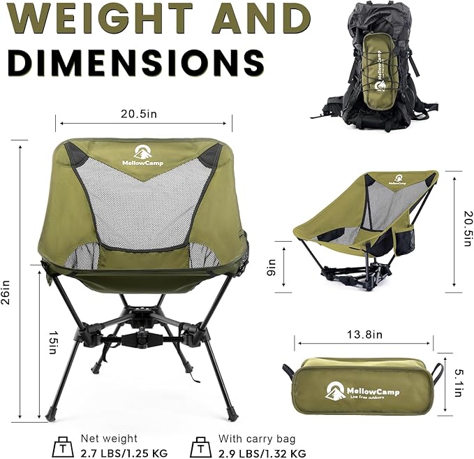 MellowCamp Camping Chair Ultralight Folding Backpacking Hiking Chair Compact Portable for Hiking Camping Backpacking Beach Roadtrip (Olive Green)