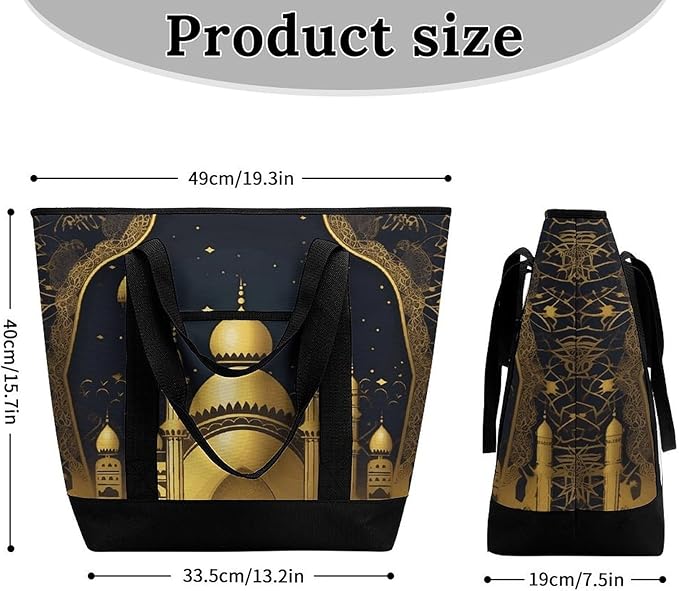 Insulated Shopping BagLarge Reusable Cooler Bags Eid Golden Mosque Printed Foldable Shopping BagTravel Waterproof Shoulder Bag