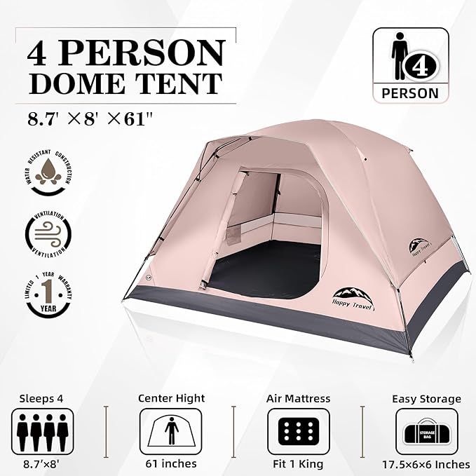 Happy Travel Camping Tent 4/6 Person Dome Tents for Camping with Rainfly Waterproof Clip Easy Setup Portable Family Tent with Mesh Windows 20% More Headroom Backpacking Tents for Camping &amp Hiki