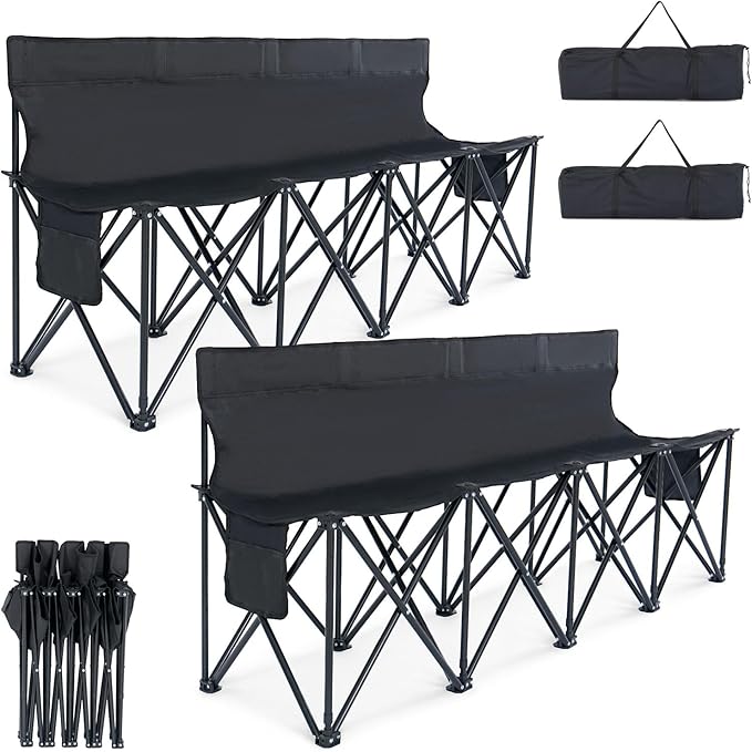 LILYPELLE Portable Bench 4 Seat Soccer Benches for Team Folding Soccer Bench Chair Sideline Benches Camping Chairs for Football Camp Sport Events Outdoor Seating with Carry Bag 2Pack