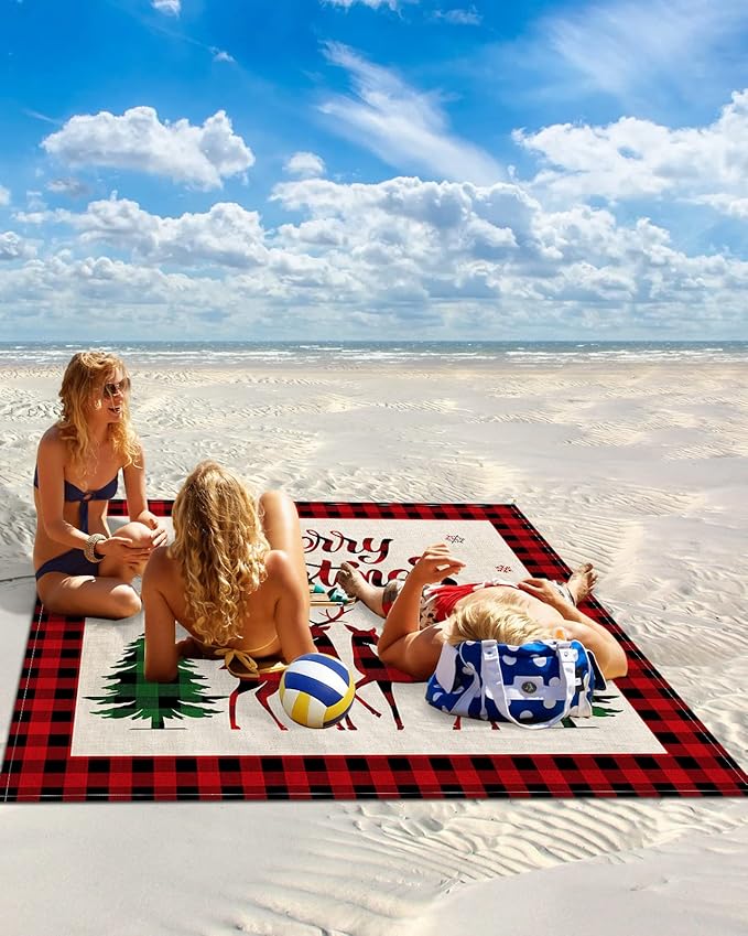 Beach Blanket Waterproof Sandproof Christmas Animal Elk Tree Winter Snowflake Quick Drying Beach Mat with 4 Stakes Red Green Buffalo Grid Shadow Lightweight Picnic Blanket for Travel 95x80