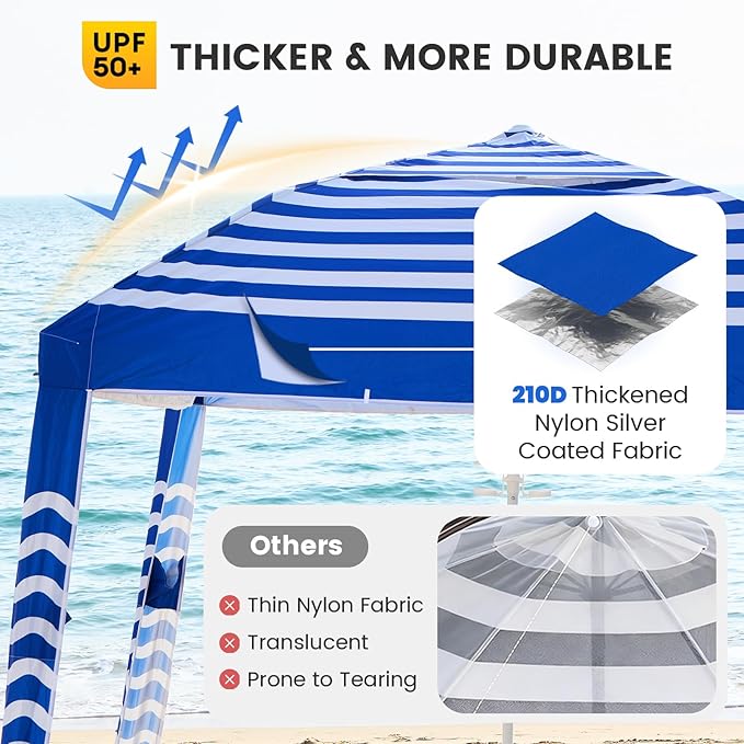 Zeraty Beach Cabana 8'×8' Portable Beach Canopy with Side Wall Easy Pop Up UPF 50+ Silver-Coated Beach Tent Sun Shelter Wind Resistant Adjustable Height Beach Umbrella Tent for Family Navy Blue