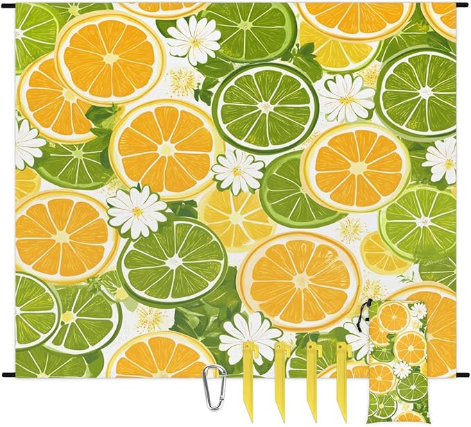 Waterproof Sandproof Beach Blanket 59''×68'' Lemon Seamless Pattern Polyester Outdoor Picnic Blanket with 4 Stakes &amp Storage Bag for BeachCampingVacation