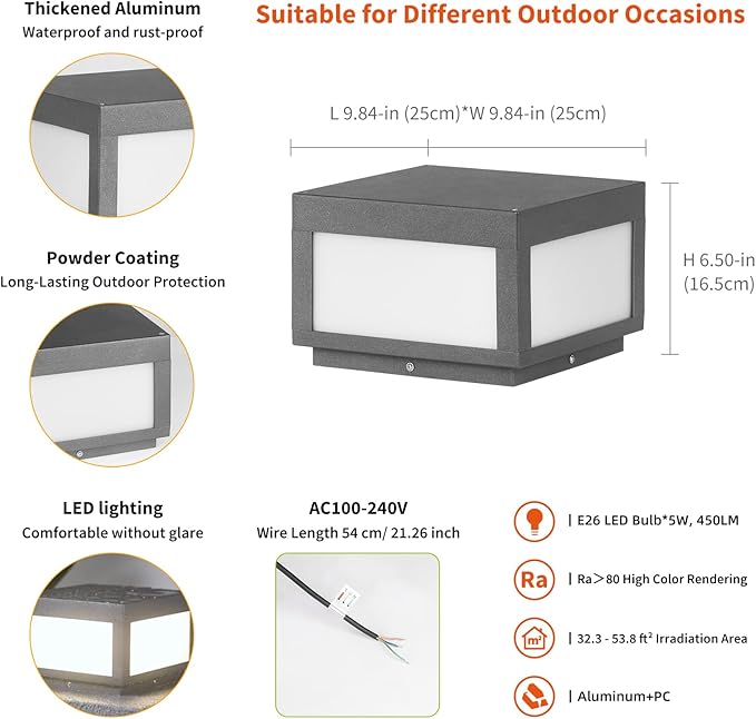 Outdoor Post Lights Hard Wired 9.8'' AC100-240V Pillar Light Outdoor Waterproof Fence Column Light Fixture Dusk to Dawn Modern 3000K LED Deck Post Cap Lamp Electric Lighting for Garden Posts