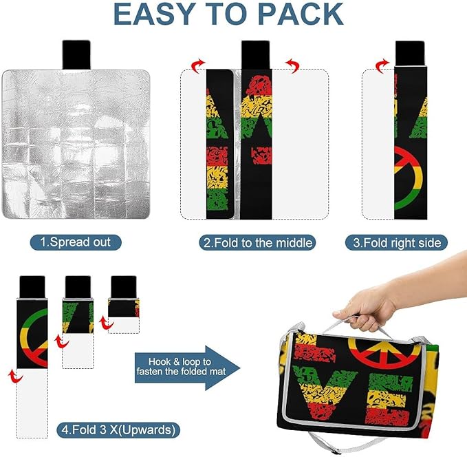 Rasta Jamaican Reggae Lover Waterproof Outdoor Picnic Blanket Sandproof Beach Mat for Camping Hiking Grass Travelling