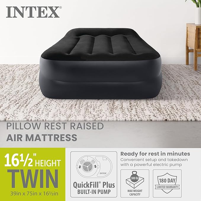 Intex Raised Airbed Mattress with Built-in Pump Dura-Beam Plus Pillow Twin - Portable Inflatable Luxury Blow-Up Bed for Adults Camping Guests