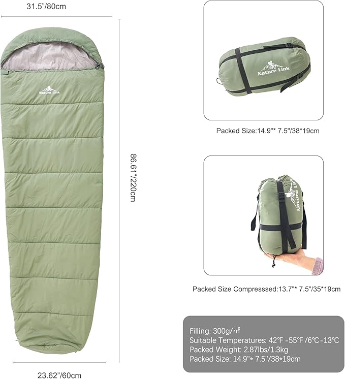 Lightweight Mummy Sleeping Bag 2.87lbs Backpacking Sleeping Bag 42℉-55℉ Nylon Shell and Lining Compact Ultralight Sleeping Bag for Backpacking Camping Hiking