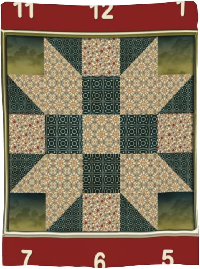 80X60 Star Patch Quilt Block Gold Green Lightweight Flannel Blanket - Soft and Breathable Polyester Suitable for Travel Camping and Home Decoration