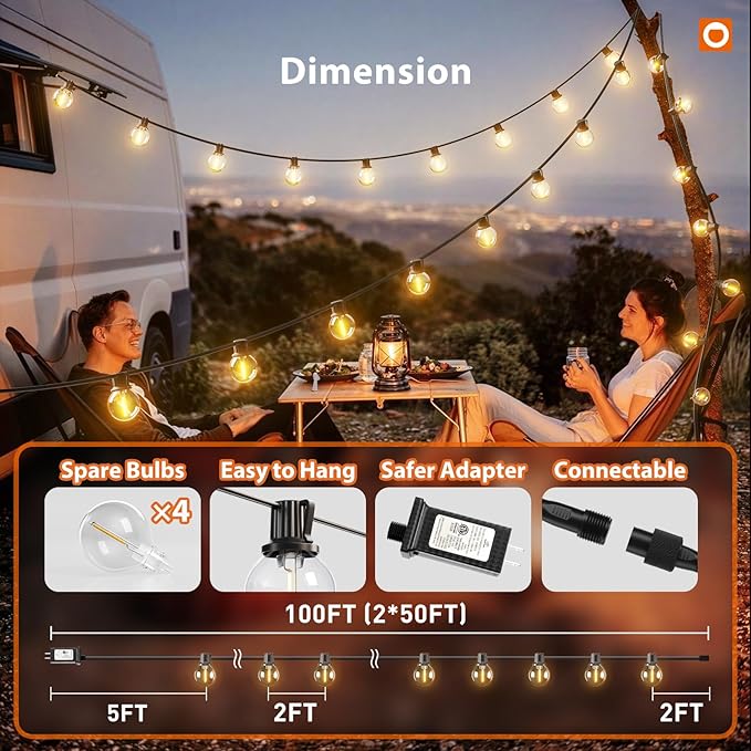 addlon Outdoor String Lights 100FT G40 with APP Control 54 LED Shatterproof Bulbs Dimmable Patio Globe Lights Waterproof Hanging Outside Lighting for Backyard Garden Deck Balcony Café