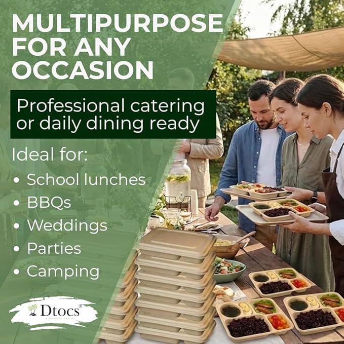 Dtocs Bamboo Fiber 5 Compartment Plates with Lid Set (20 Pcs.) 9 | Heavy Duty Multipurpose Sectional Trays Divided Plate | Microwavable Bamboo Disposable Trays Alt to Plastic Portion Paper Plates