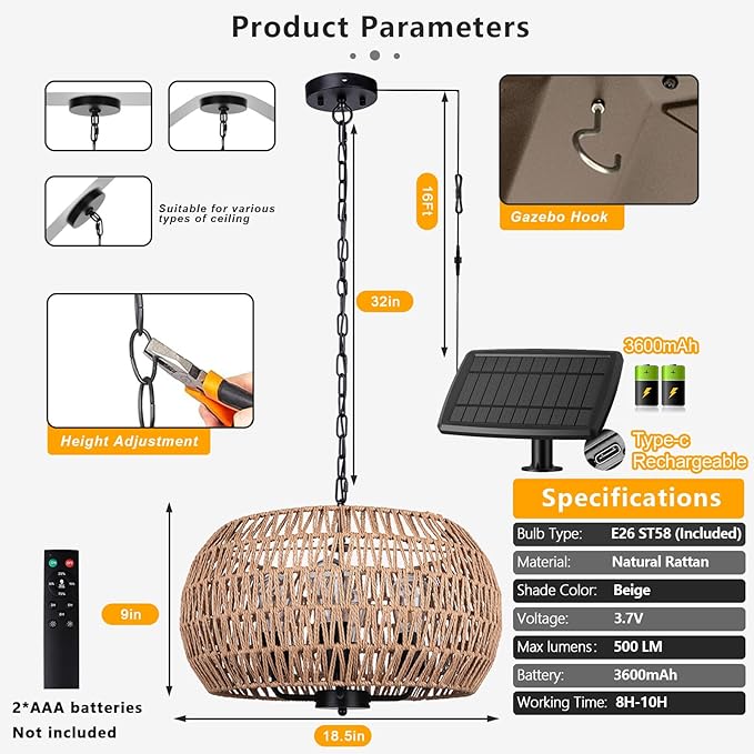 Outdoor Solar Chandelier 4-Light 19 Rattan Outdoor Chandelier Hanging Pendant Lights Waterproof for Gazebo Pergola Porch Patio