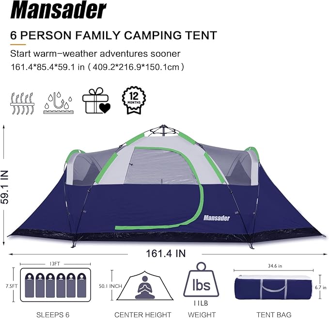 6 Person Family Camping TentWaterproof Windproof with Top RainflyEasy Set UpPop Up Tent for Outdoor Camping Hiking Travel