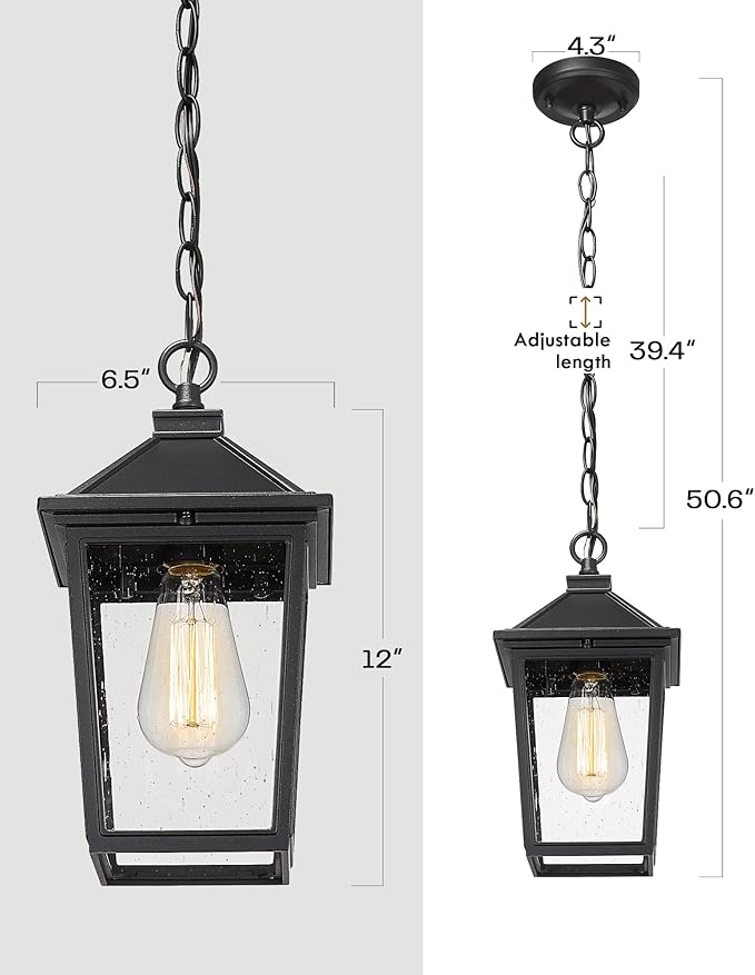 Outdoor Pendant Lights HWH Farmhouse Exterior Hanging Porch Light Outside Hanging Lantern with Height Adjustable Chain Matte Black Finish with Seeded Glass 5HX64H BK