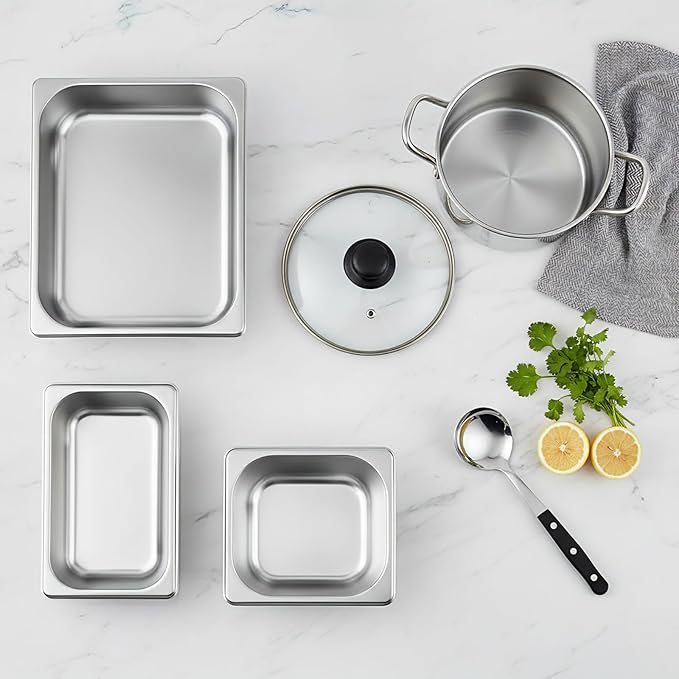 Maxdot 7 Set Stainless Steel Hotel Pan 1/2 1/4 1/6 Size 4 Inch Deep with Lids Stainless Steel Steam Table Pan Commercial Food Pans for Restaurant Catering Salad Bar Party Supplies Metal Steam Tray