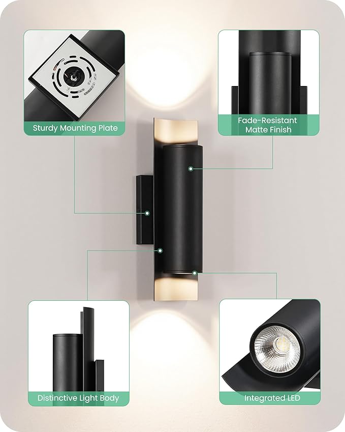 GOBLESON Outdoor Wall Lights 2-Pack Porch Lights Up Down 8.5W 3000K Modern Exterior Lighting Fixtures 1700LM IP65 Waterproof for Porch Garage Patio Garden Sidewalk Black (Modern 2)