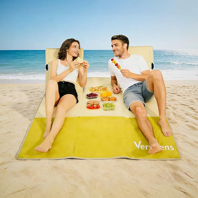 2-Person Portable Beach Lounge Chair with Carry Bag - Lightweight Outdoor Picnic Mat with Back Support for Beach Picnic Concerts Camping &amp Park (Beige and Yellow)