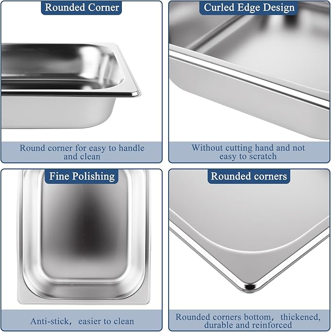 QTLCOHD 6 Pack Half Size Hotel Pans 1/2 Inch 2.5 Inch Deep Stainless Steel Steam Table Pan Commercial Food Pan for Chafing Dishes Breading Trays for Hotel Party Buffet Catering Supplies