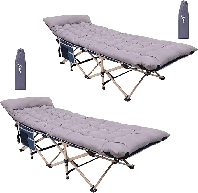 Nice C Camping Cots with Cushion Camping Cots with Mattress for Adults Folding Cot with Pillow Carry Bag &amp Storage Pocket Extra Wide Sturdy Holds Up to 500 Lbs (2 Mattress Grey)