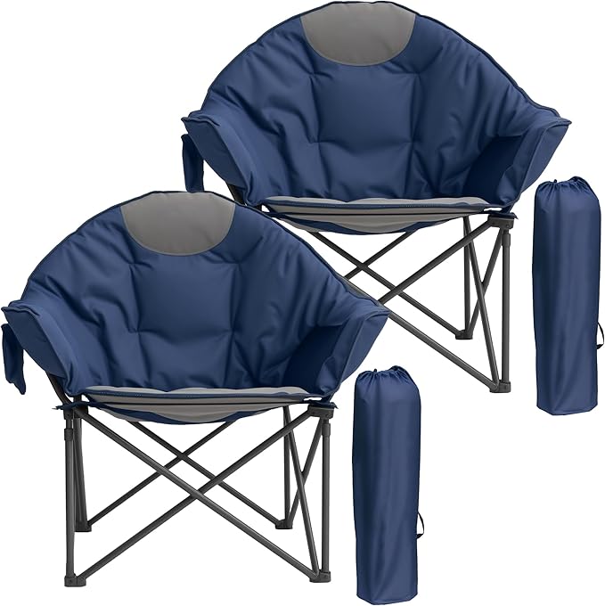2 Pack Oversized Camping Chair with Cup Holder &amp Carry Bag 500lbs Heavy Duty Moon Saucer Folding Chair for Outdoor Lawn Sports Patio Navy Blue
