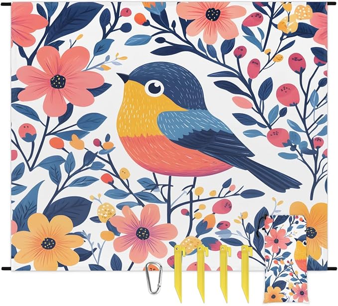 Waterproof Sandproof Beach Blanket 59''×68'' Animal-Bird Flower Polyester Outdoor Picnic Blanket with 4 Stakes &amp Storage Bag for BeachCampingVacation