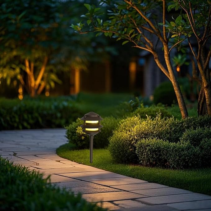 Lumina Lighting® Low Voltage Landscape Lighting Cast-Aluminum Pagoda Path and Area Light Warm White 4W G4 LED Bulb and ABS Ground Stake Included for Yard Walkway Lawn PAL0103-BZLED4 (Bronze 4-Pack)