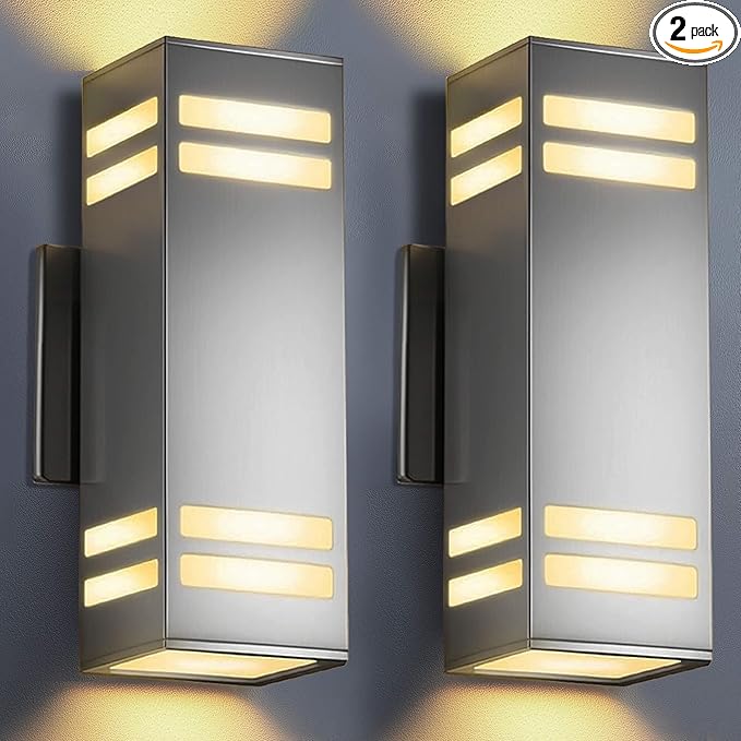 KIZON Modern Dusk to Dawn Outdoor Lighting 2 Pack Stainless Steel Up and Down Sconce with E26 Base Includes 3000K Bulbs Waterproof Exterior Lighting Fixtures Outdoor Lights for House Porch Garage