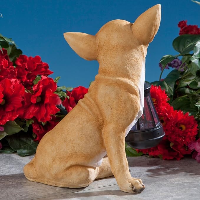 Bits and Pieces - Dog Solar Lantern Statue - Solar Powered Garden Lantern - Resin Dog Sculpture with LED Light - Outdoor Lighting and Décor (Chihuahua)