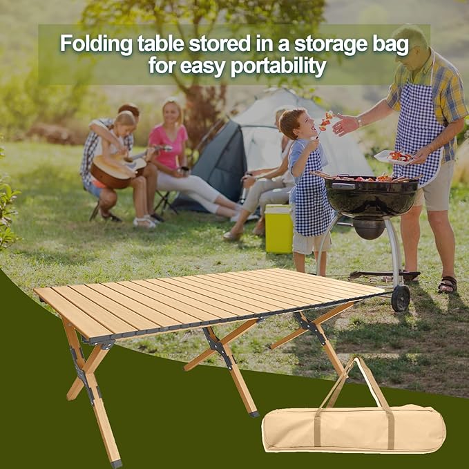 Folding Camping Table Roll-Up Folding Table with Carry Bag Portable Aluminum Picnic Table Low Height Beach Table for Outdoor Use Travel BBQ &amp Hiking Easy Assembly (Natural)