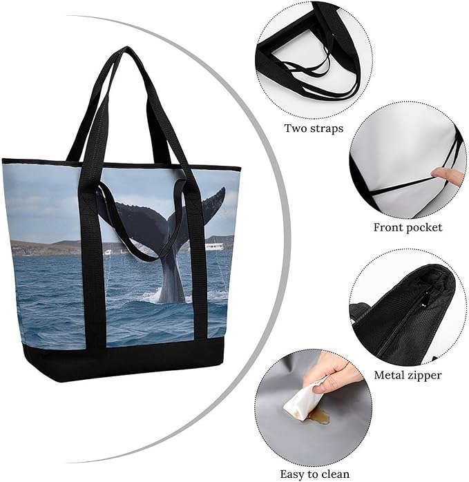 Insulated Shopping BagLarge Reusable Cooler Bags Whale Tail Printed Foldable Shopping BagTravel Waterproof Shoulder Bag