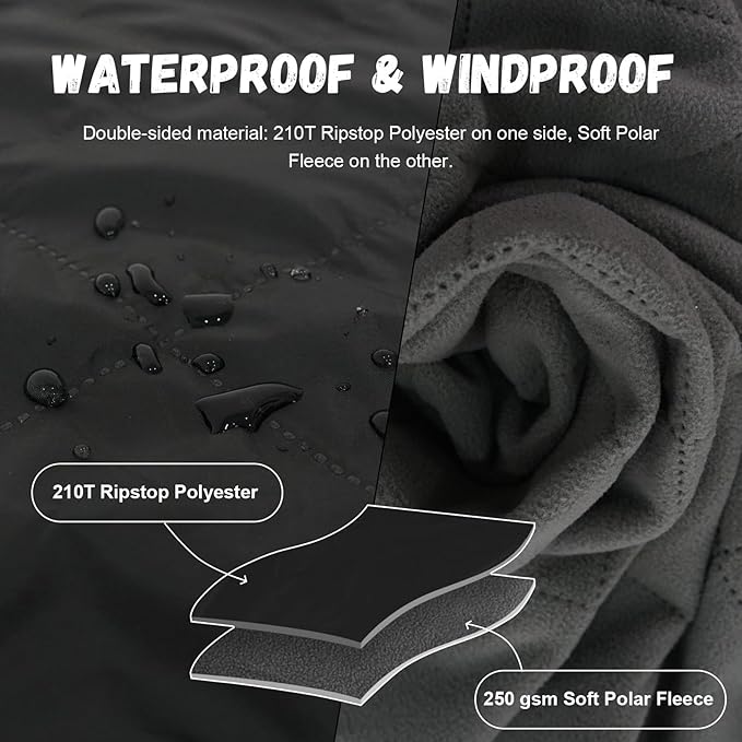 Wearable Warm Camping Blanket Waterproof Windproof Quilted Fleece Stadium Outdoor Blanket with Portable Bag for Cold Weather Camping Picnic Sports Pet Beach Travel Car 79*55 inches Black