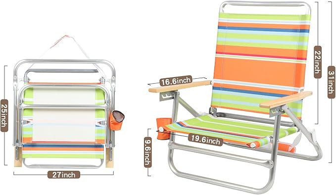 Portal Beach Chair 4 Position Folding Beach Chairs with Backpack Straps Lightweight Low Beach Chairs for Adults Support up to 225 lbs Green